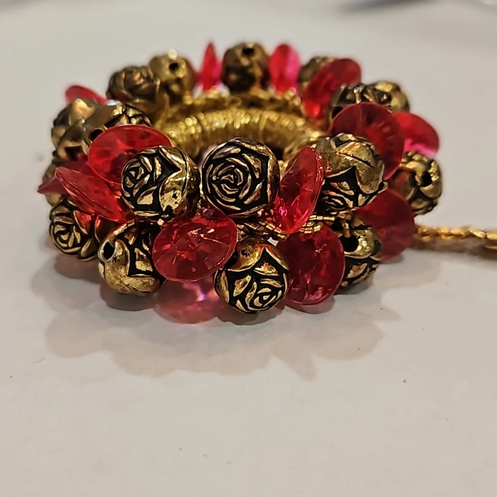 VINTAGE PINK GOLD 3 LAYERS‎ BEADED WITH FLOWERS KEYCHAIN